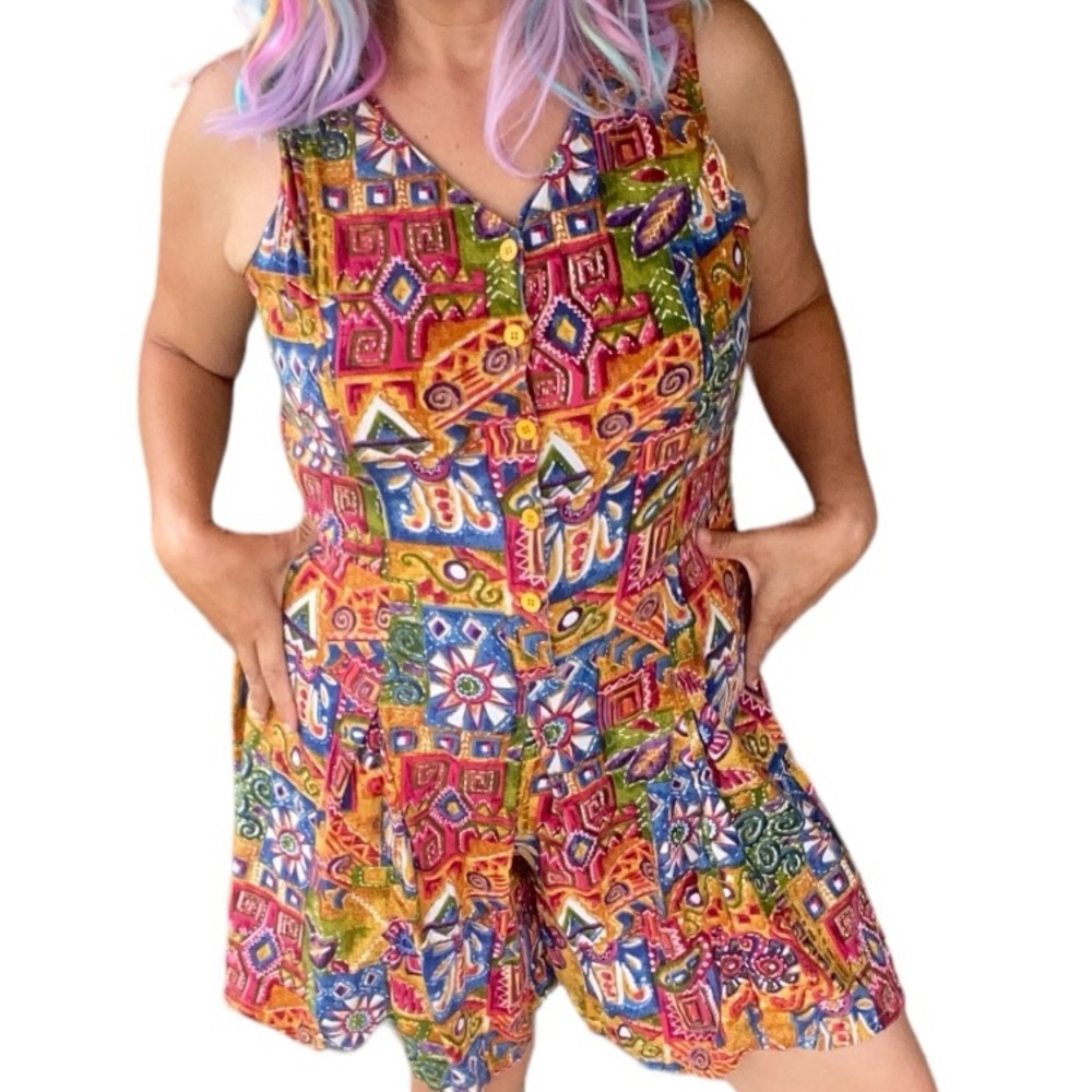 Vintage Colorful 90s Floral Jumpsuit Size XL Wide Leg Romper Abstract  Beach - Picture 4 of 8